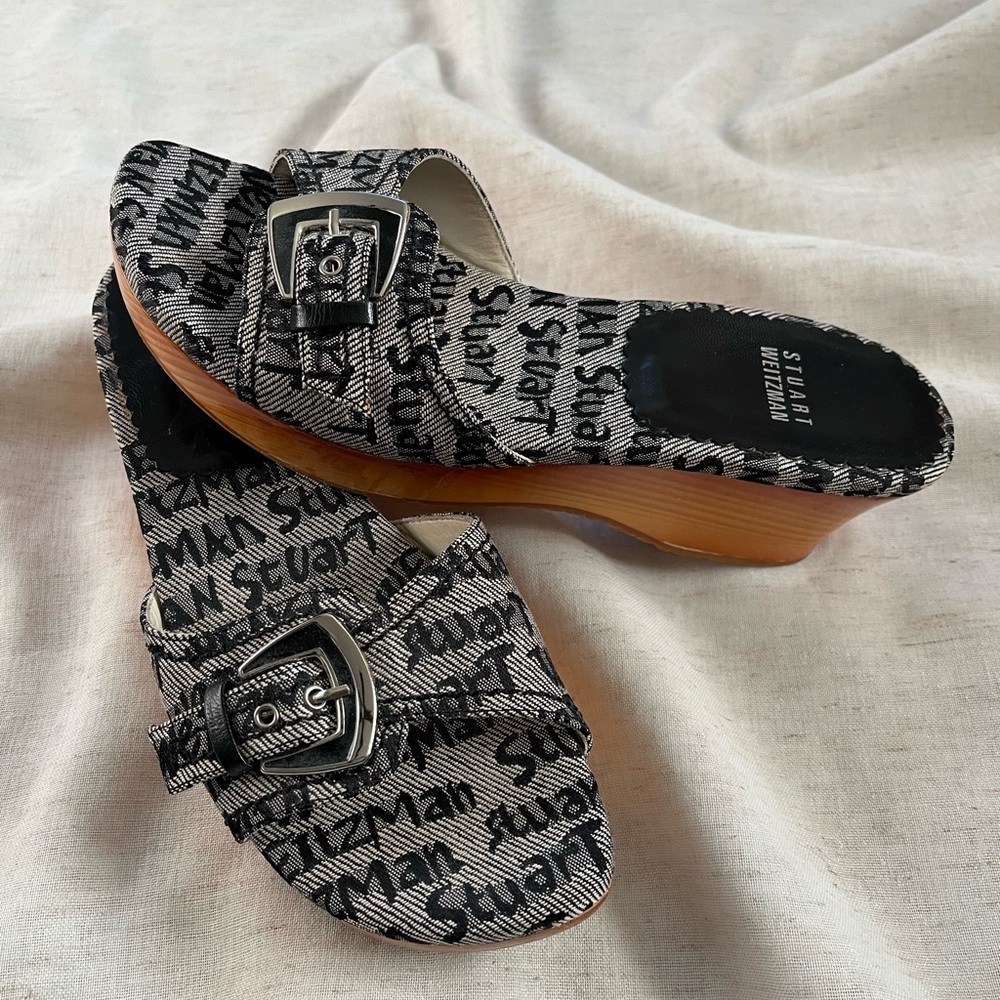 Vintage Y2K Stuart Weitzman denim monogram slide sandals 6.5